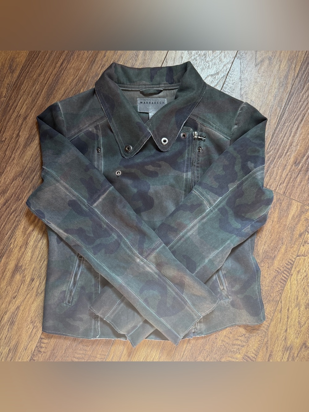 Anthropologie Marrakech Women Petite S Camo Zip Front Biker Utility Jacket